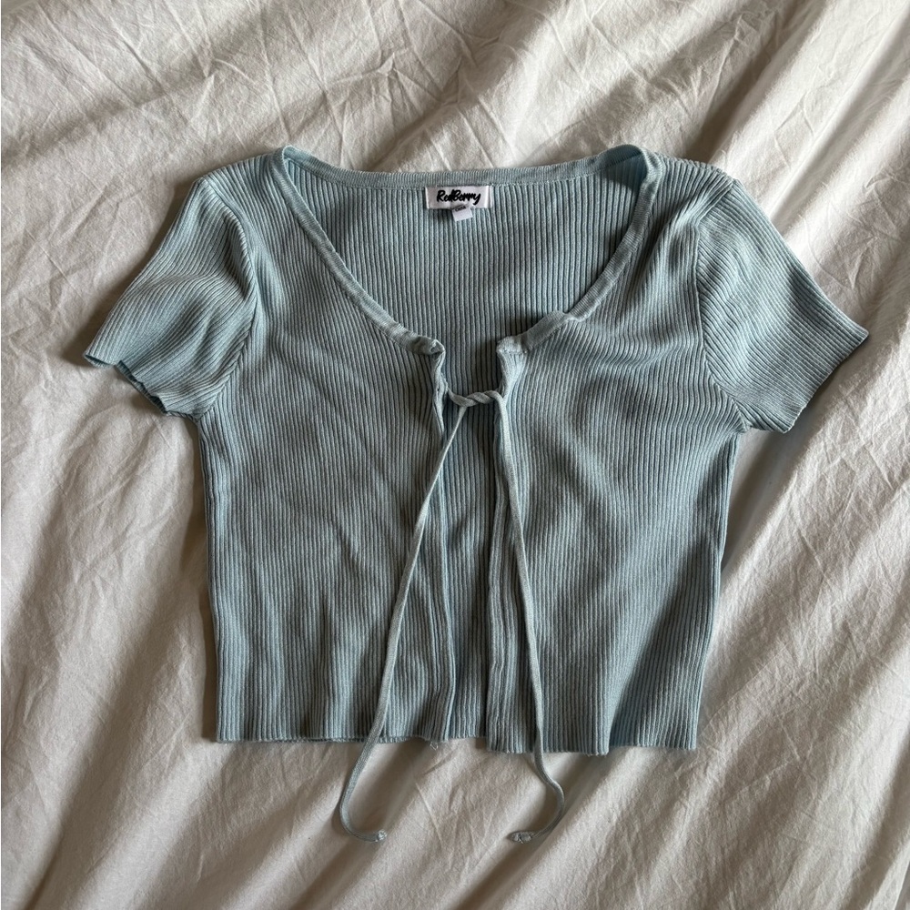 Verge Girl Ribbed Tie-Front Crop Top in Soft Blue
